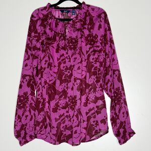 Denim & Co. Button Up Raglan Sheer Ruffle Detail Blouse Women's Size Medium